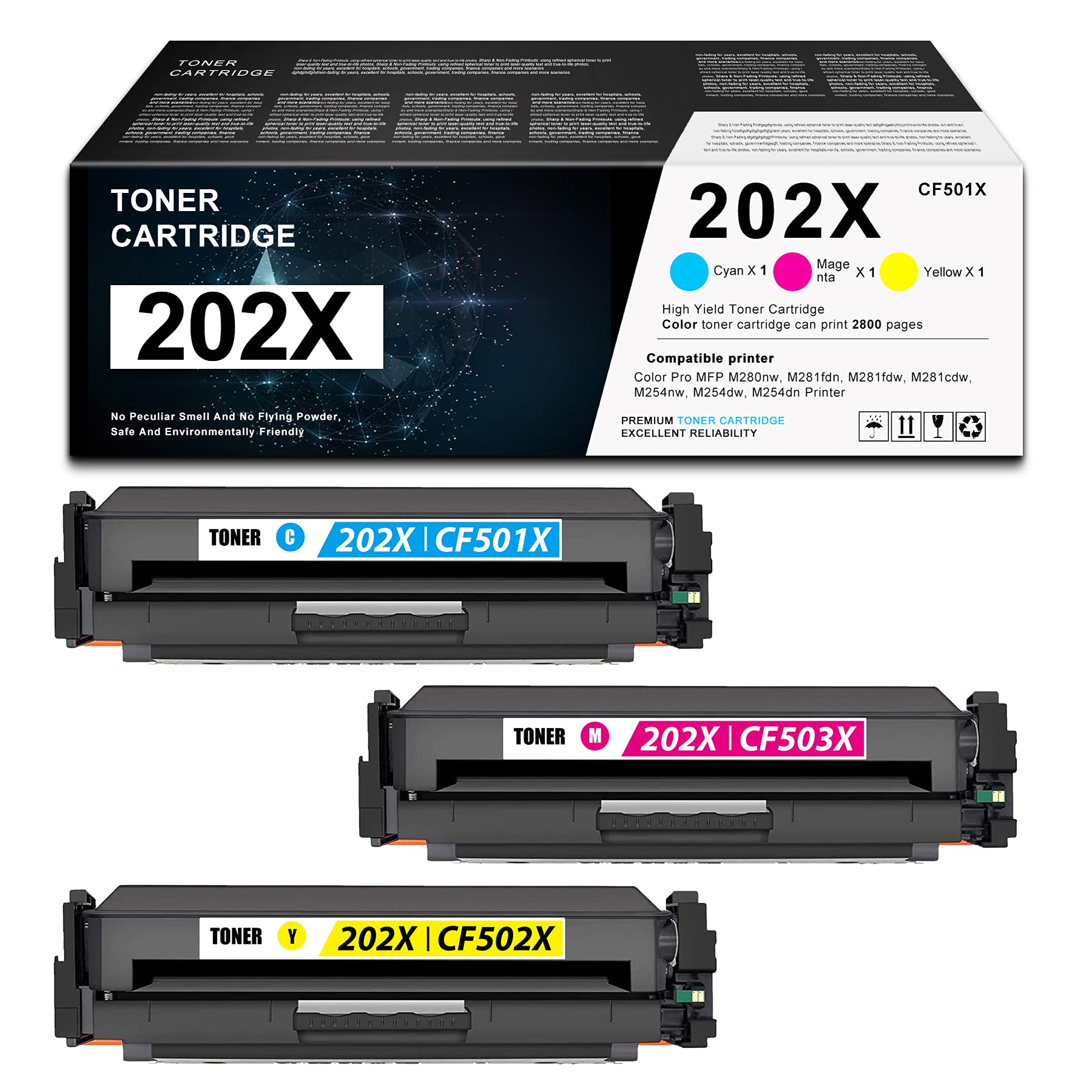 High Yield Toner Cartridge Replacement for HP Color Pro MFP M280nw M281fdn M281fdw M281cdw M254nw M254dw M254dn - Compatible with CF501X CF502X CF503X T6B60A T6B80A (3-Pack: 1 Cyan, 1 Magenta, 1 Yellow) - Perfect for Home & Office Printing Needs