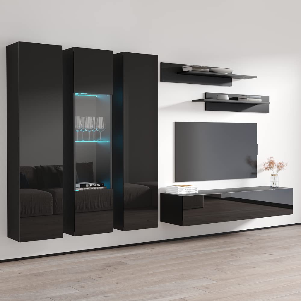 Modern Floating TV Stand with Storage & LED Lights - Wall-Mounted Entertainment Center for Bedroom & Living Room - 30 Inch TV Console with Shelves - Black - Perfect for Small Spaces & Home Theater Setup