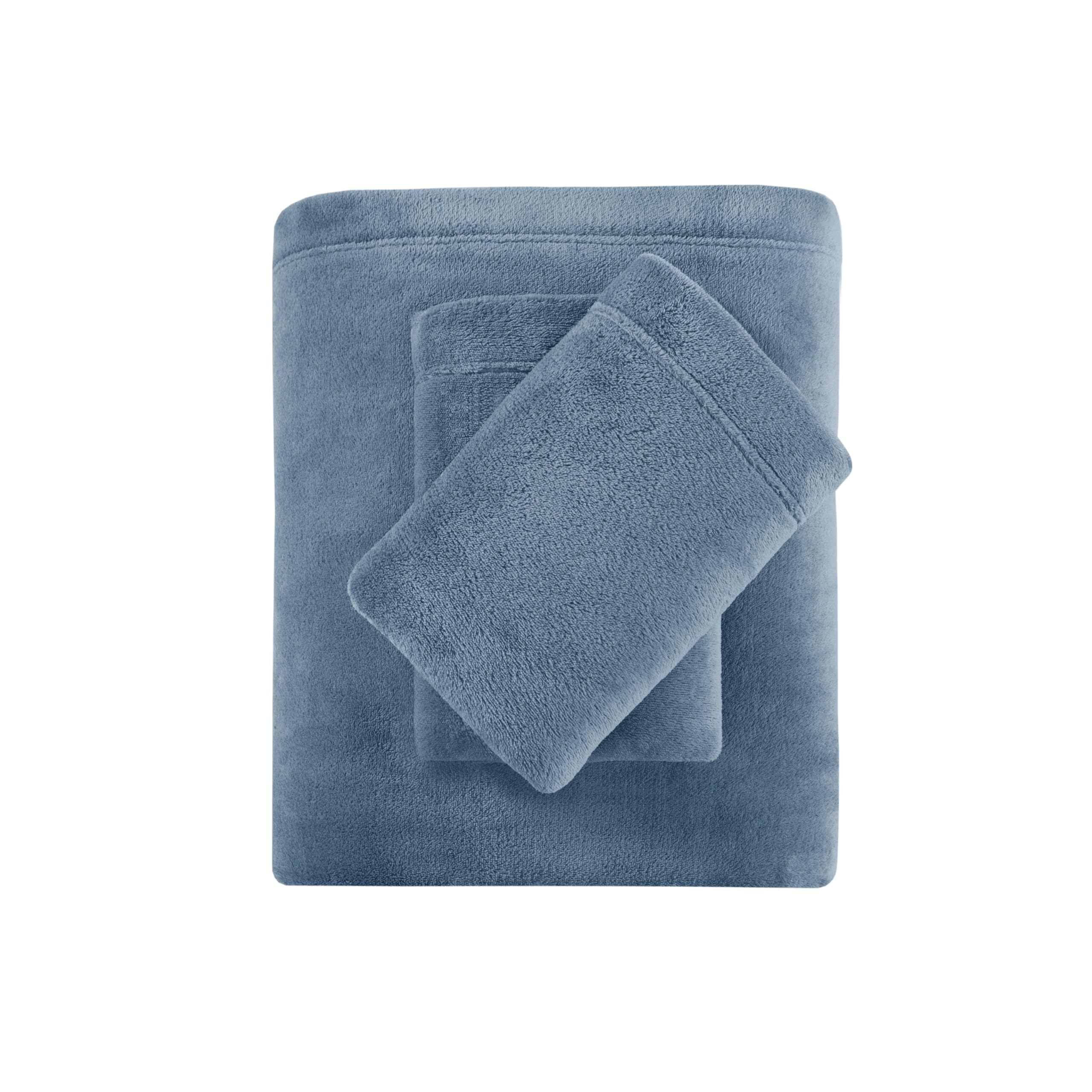 True North by Sleep Philosophy 4-Piece Plush Sheet Set - Queen Size, Solid Blue, Ultra Soft & Warm Bedding, Fitted Pocket Fits 16