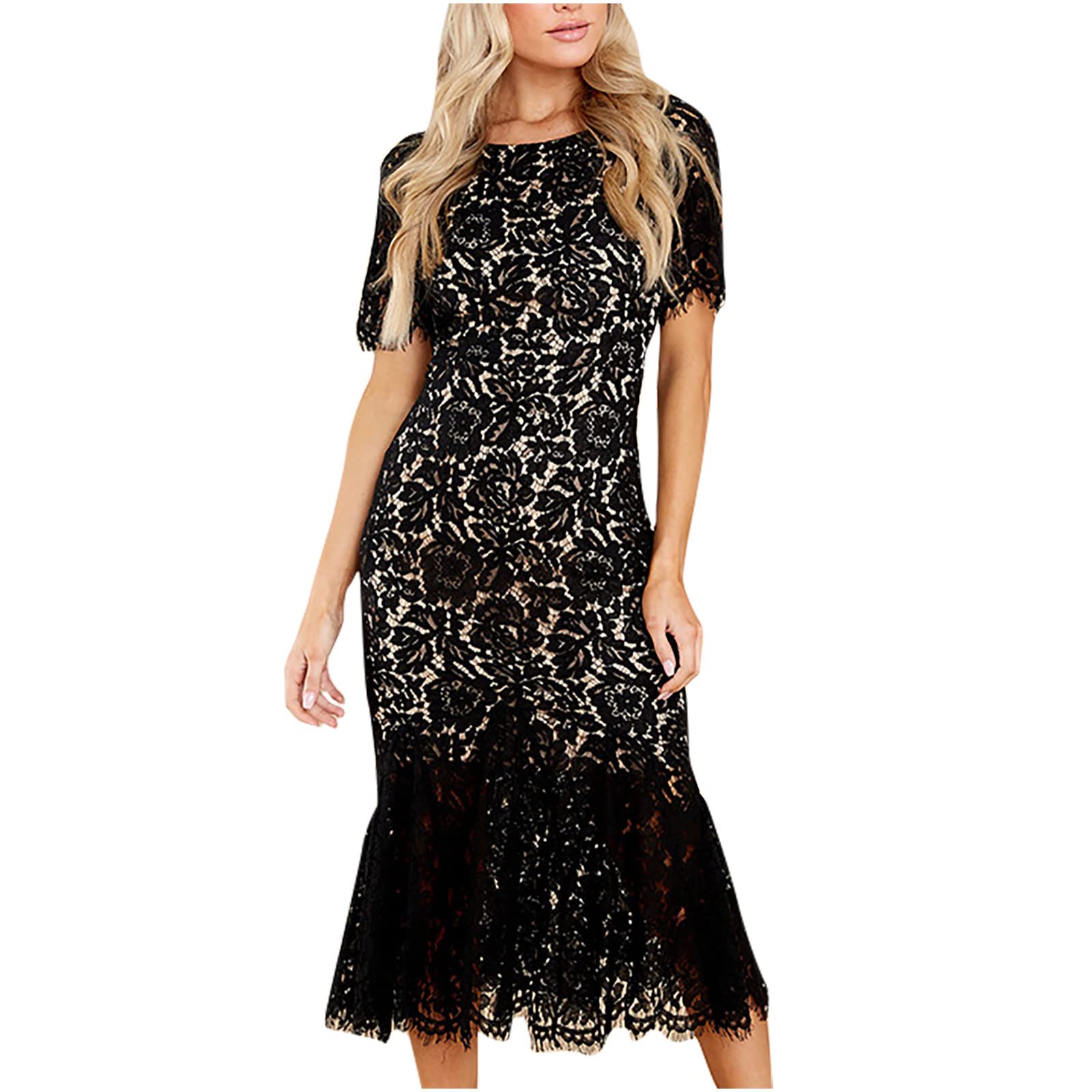 Women's Sexy Ruffled Flounce Lace Dress - Party & Casual Crewneck Short Sleeve Tight Bodycon Dress for Date Night, Club, Cocktail Parties & Everyday Wear