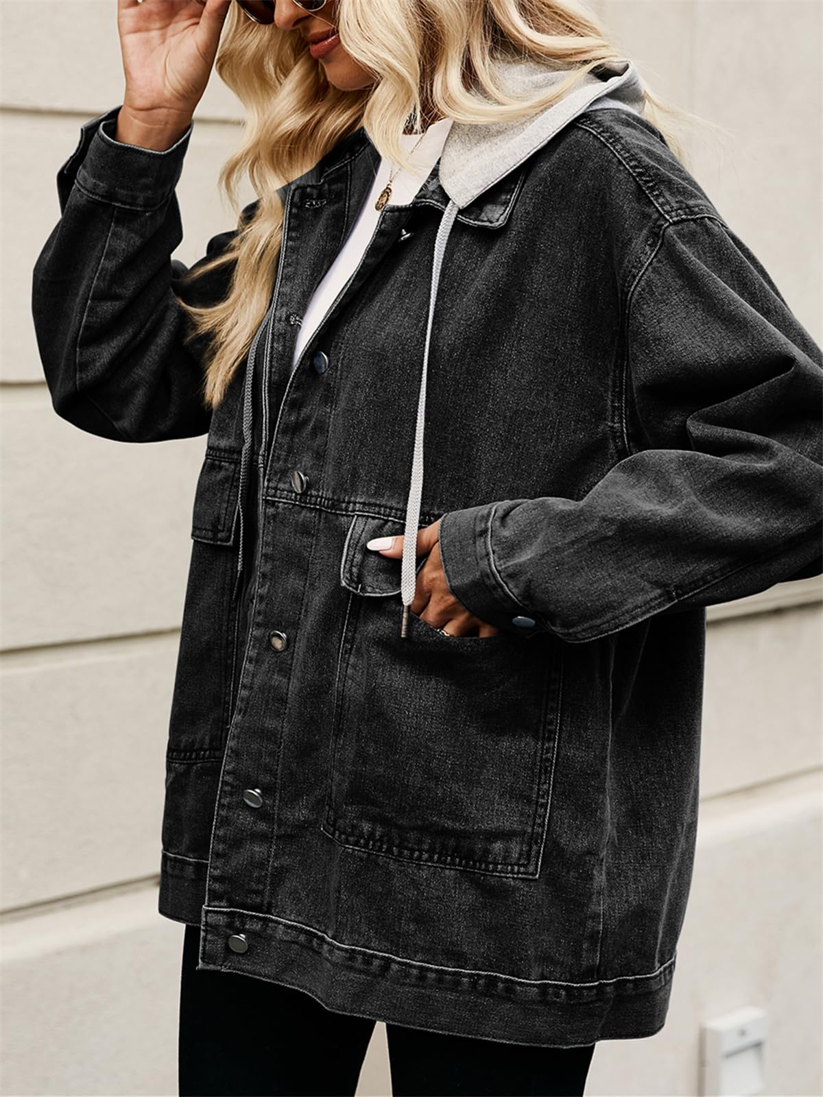 PAODIKUAI Women's Vintage Oversized Denim Jacket - Long Sleeve Distressed Jean Coat with Detachable Hood | Casual Streetwear, Fall Layering, Boho Outfit Essential