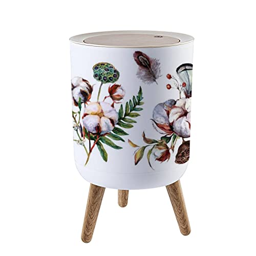 Small Round Trash Can with Lid - 1.8 Gallon Watercolor Cotton & Greenery Decor Waste Bin - Dog Proof Press Cover Garbage Bin for Kitchen, Bathroom, Living Room | Perfect for Home Decor, Office Spaces & Pet-Friendly Households