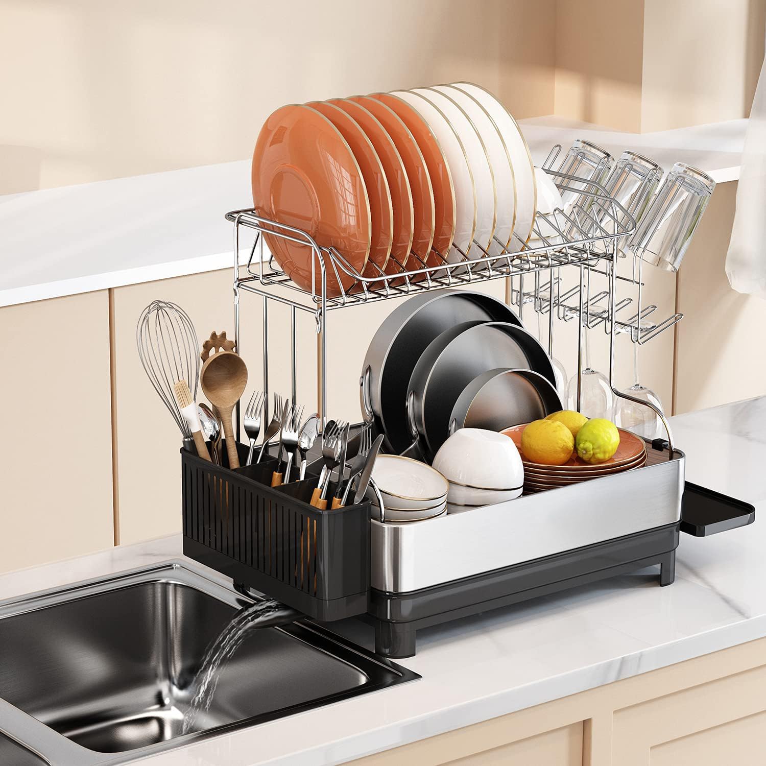 Romision 2-Tier Stainless Steel Dish Rack & Drainboard Set - Adjustable Drainage Spout, Utensil Holder & Cup Rack - Large Kitchen Counter Drying Rack with Water Tray - Perfect for Small Spaces, Apartments & Busy Kitchens