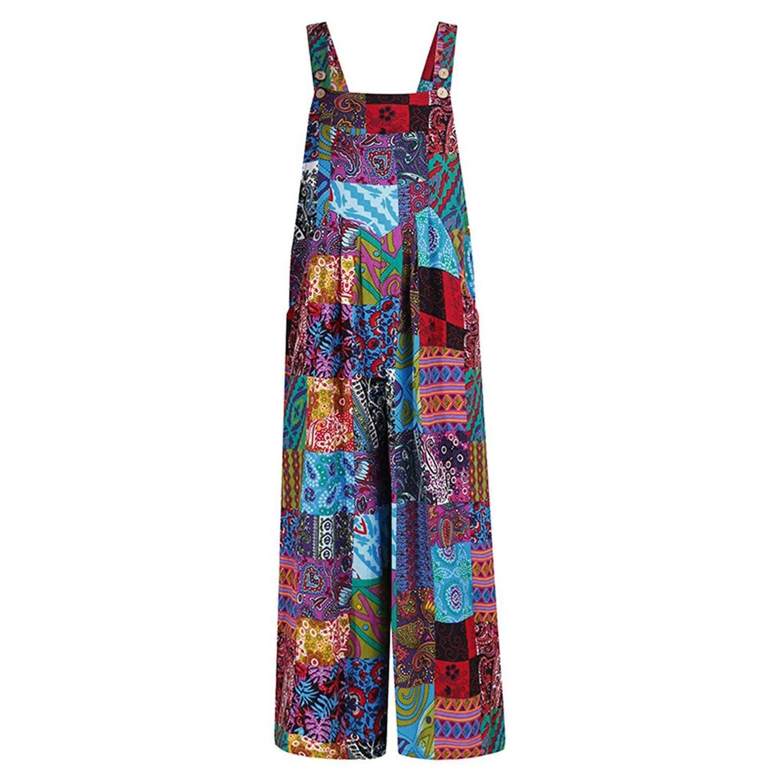 Vintage Patchwork Print Women's One Piece Jumpsuit with Buttons, Suspenders & Pockets - Wide Leg Romper Overalls for Casual Outings, Music Festivals & Retro Fashion