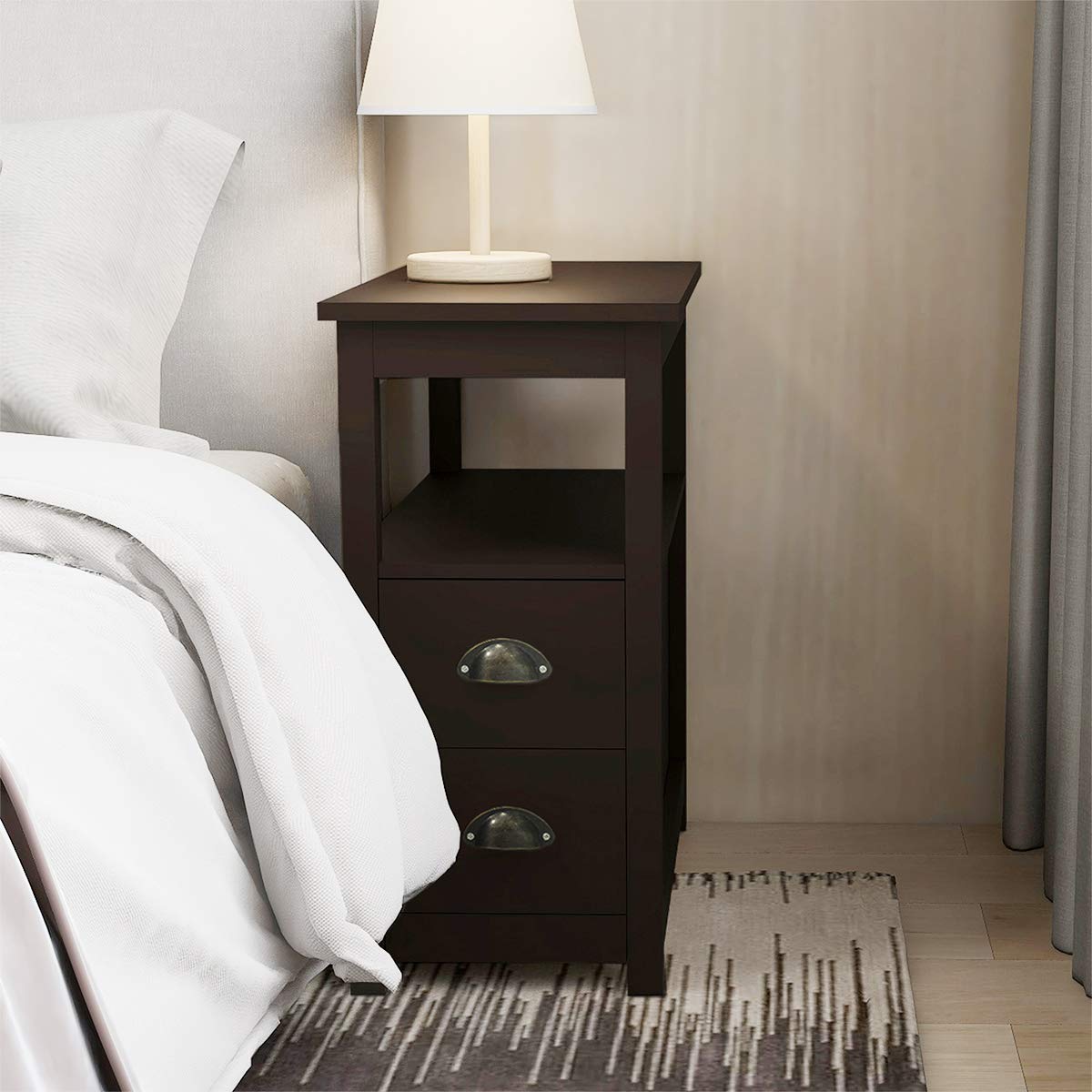 Modern Narrow End Table with 2 Drawers & Open Shelf - Espresso Wood Nightstand for Living Room, Bedroom - Perfect Sofa Side Table for Small Spaces & Apartment Decor