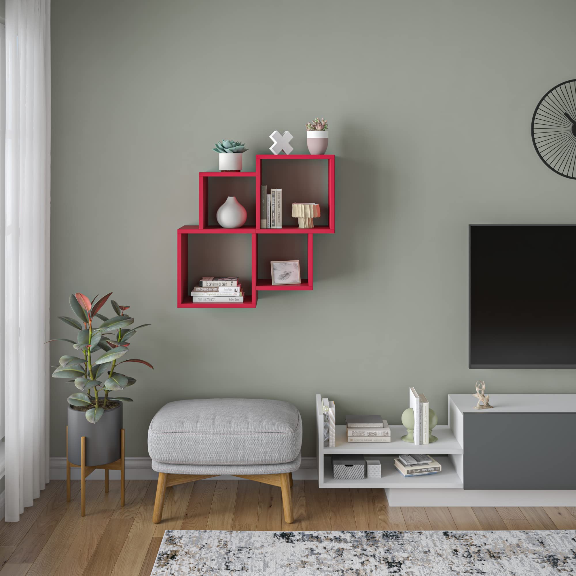 Watkins Modern Burgundy Wall Shelf 28.35'' H x 39.37'' W x 8.66'' D - Floating Shelves for Living Room, Bedroom & Home Office - Wall Mounted Storage Unit with Industrial Style - Perfect for Books, Decor & Organizing Small Spaces