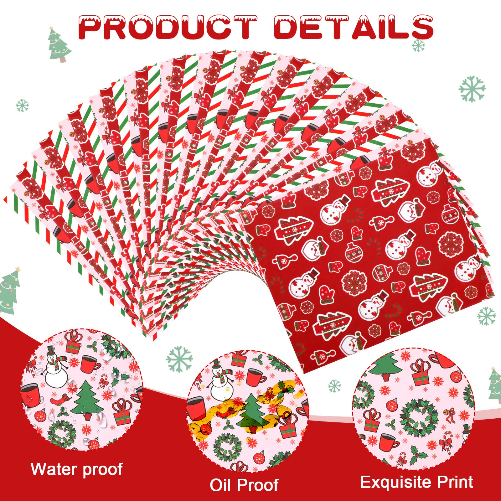 150 Pcs Christmas Wax Paper Sheets - Food Wrapping & Grease Resistant Parchment Paper for Holiday Baking, Kitchen, Picnics | Winter Snowman Tree Design Waterproof Oil Proof Liner