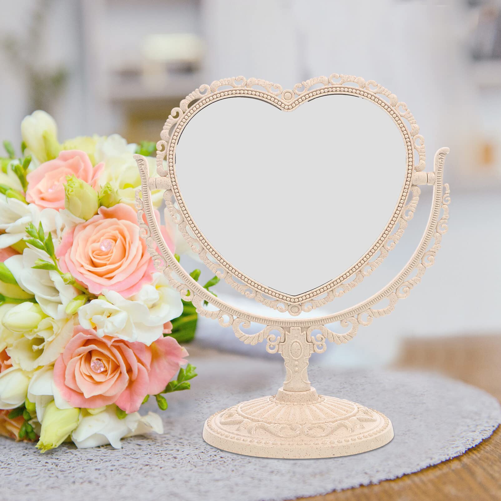 Beaupretty Heart Shaped Vanity Mirror - Double Sided 360° Rotating Makeup Mirror with Stand for Bathroom & Bedroom (Beige) | Perfect for Makeup Application, Skincare Routine, and Home Decor
