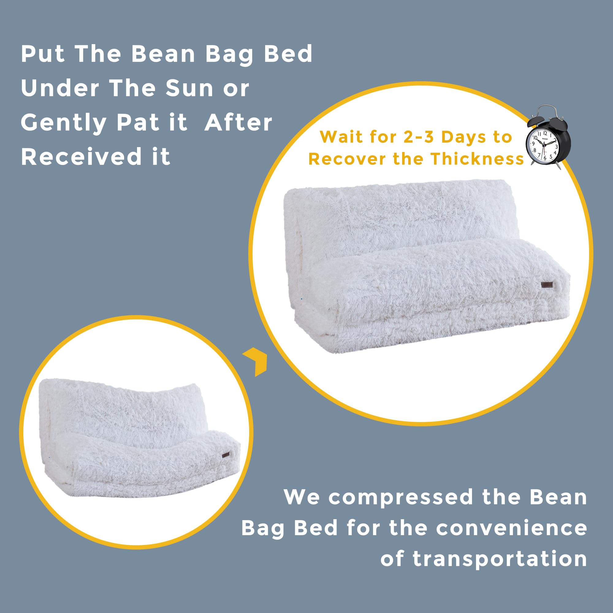 MAXYOYO Faux Fur Bean Bag Chair - Foldable Floor Sofa Bed with Foam Filling, Convertible Wall Couch Sleeper for Living Room, Bedroom & Dorm | White