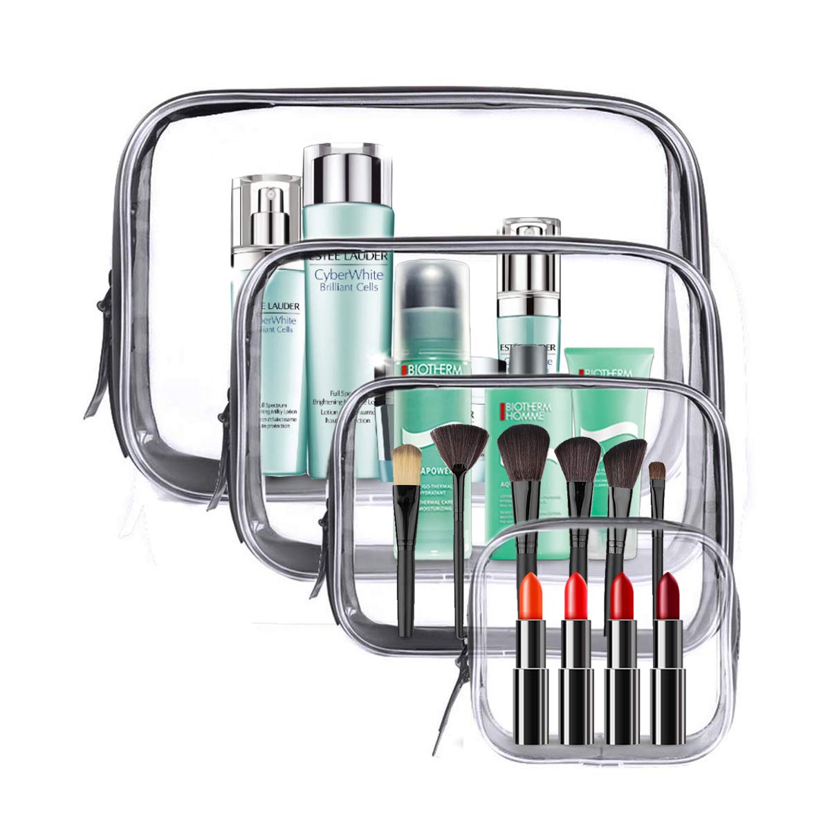 TSA Approved Clear Travel Bags for Toiletries & Cosmetics - 4pc Large Waterproof PVC Organizer Pouches for Airline Travel, Bathroom Storage & Home Organization (Black) | Perfect for Carry-On Luggage, Gym Essentials & Daily Use