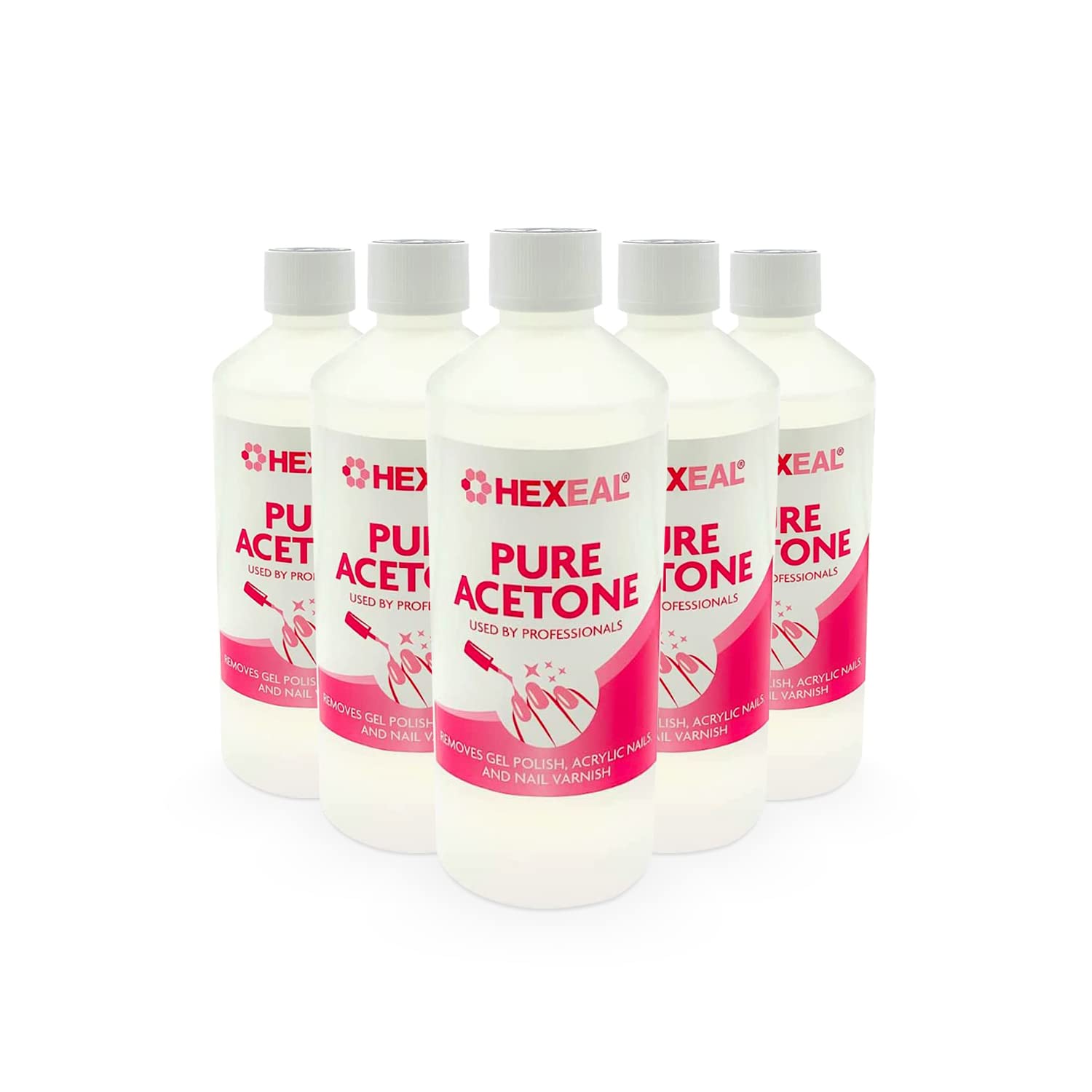 Hexeal Pure Acetone 2.5L (5 x 500ml Bottles) - 99.5% High Strength Nail Polish Remover for Gel, Acrylic & Varnish Removal - Professional Grade Acetone for Salon & Home Nail Care - Perfect for Manicures, Pedicures & DIY Nail Art