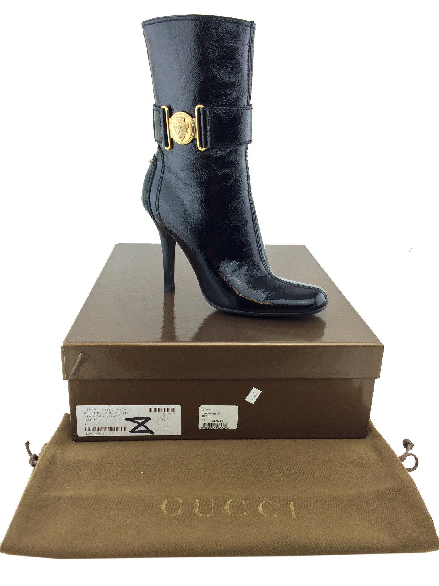 Gucci Women's Patent Leather Ankle Boots Size 7 - Stylish Pointed Toe Block Heel Booties for Office, Party & Night Out