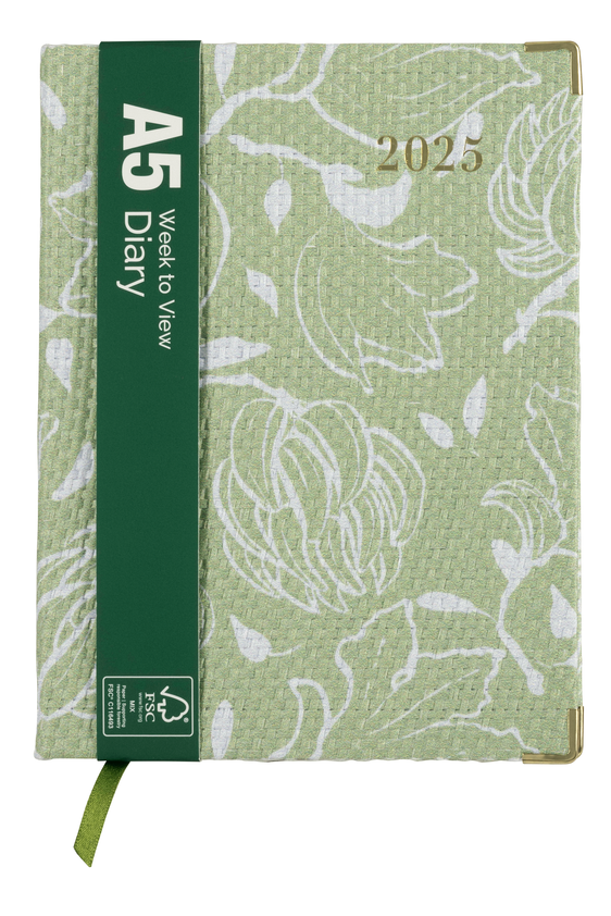 2025 Cumberland Belrose A5 PU Leather & Fabric Casebound Diary Planner - Weekly View, Floral Design, Matcha Green - Perfect for Office, School & Gift Giving