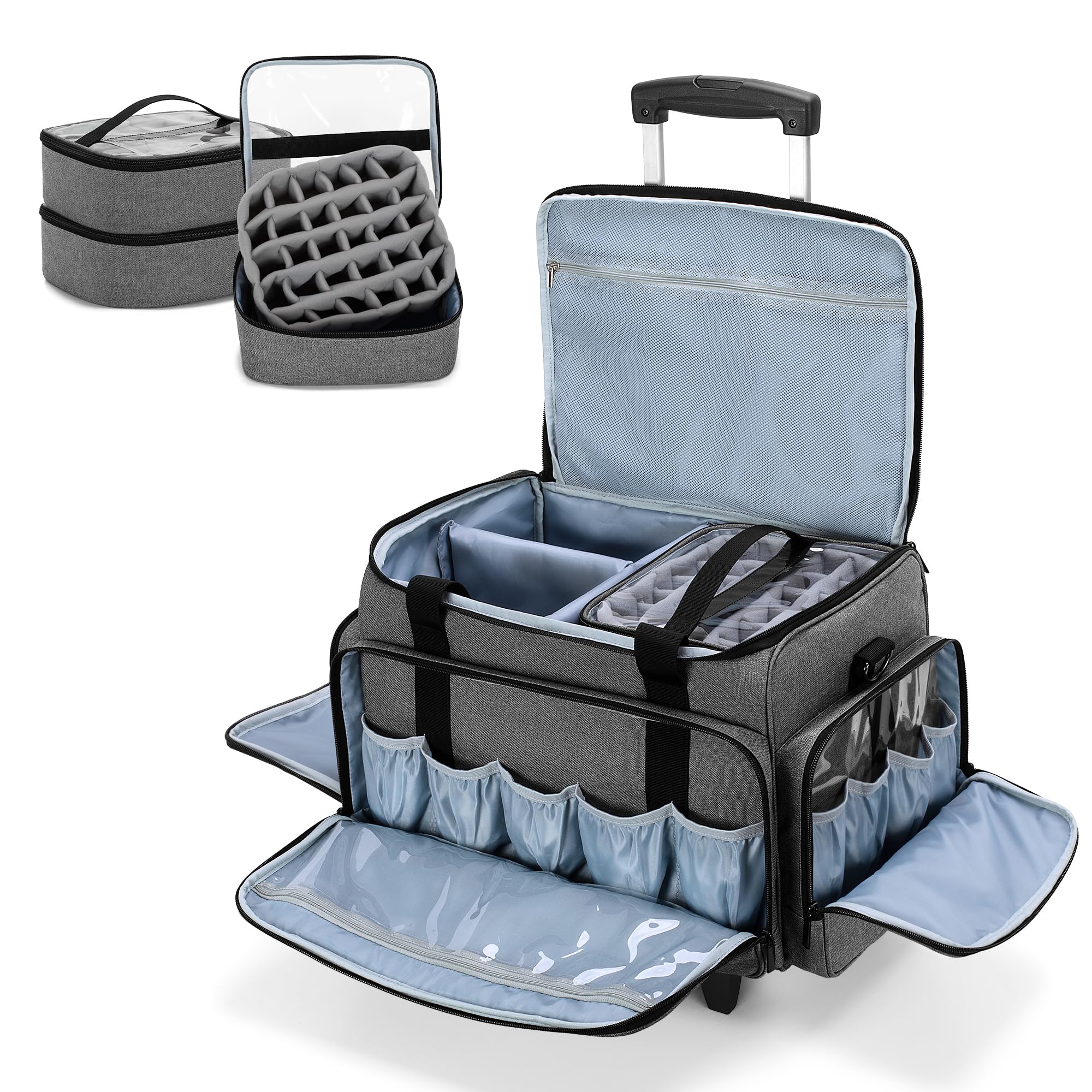 Luxja Portable Nail Polish Organizer Bag with Wheels - Holds 90 Bottles & Nail Lamp, Detachable Trolley Storage Case for Salon & Home Use (Grey) | Perfect for Professional Nail Technicians & DIY Manicures