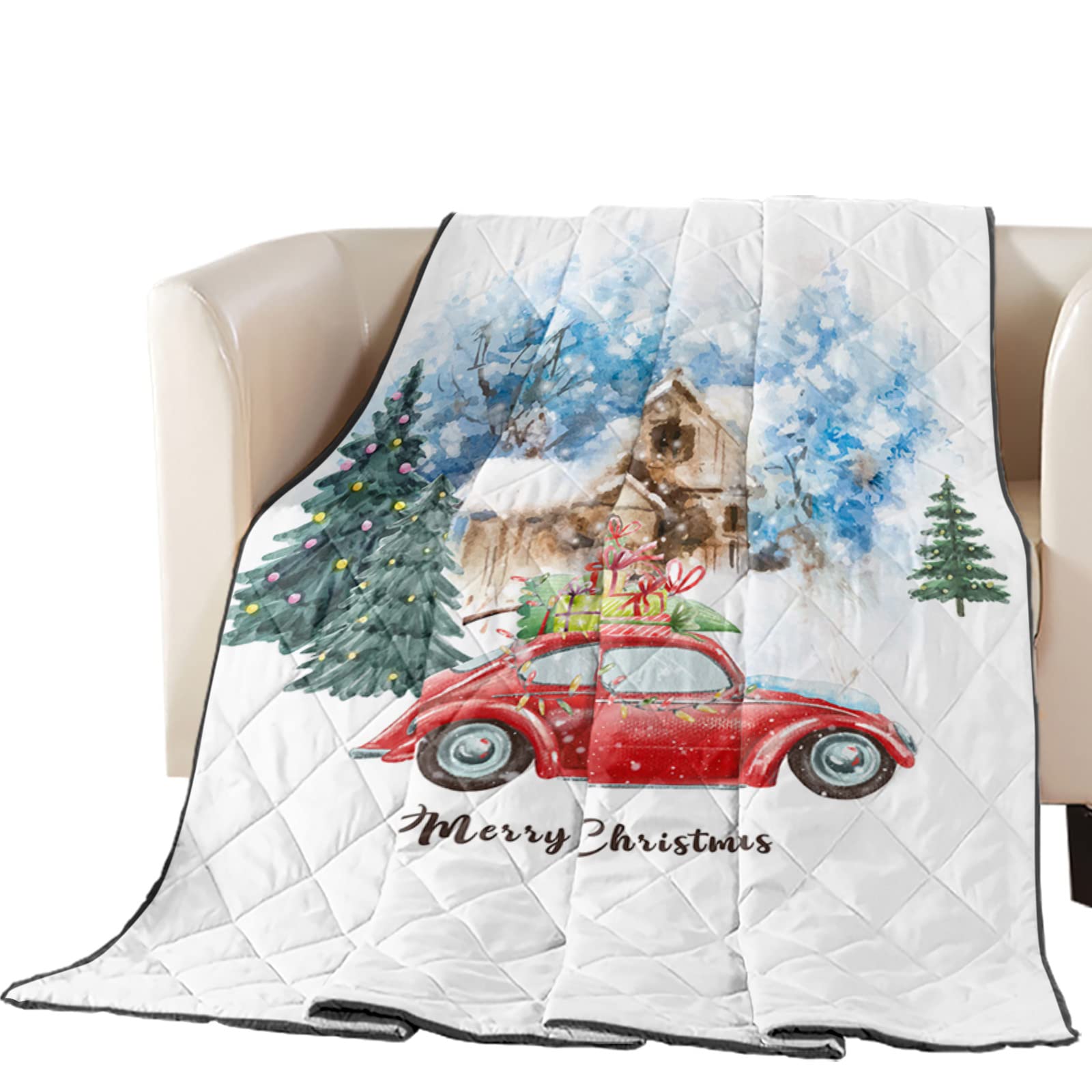 T&H XHome Queen Size Luxury Quilted Comforter - Ultra Soft, Lightweight & Reversible All-Season Bedding Set | Perfect for Christmas Decor, Winter Warmth & Summer Comfort | Snow Village Design with Merry Christmas Truck Pull Gift Theme