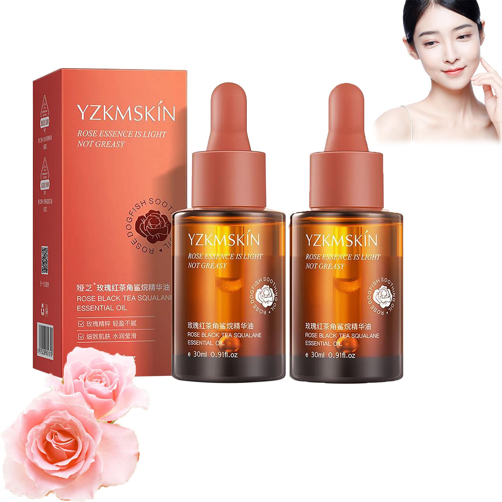 Organic Rose Black Tea Squalane Facial Oil - 30ML Anti-Aging Serum with Hyaluronic Acid | Wrinkle Reduction & Pore Minimizing Treatment | Hydrating Face Serum for Dry Skin, Night Care & Daily Moisturizing (2 Pack)