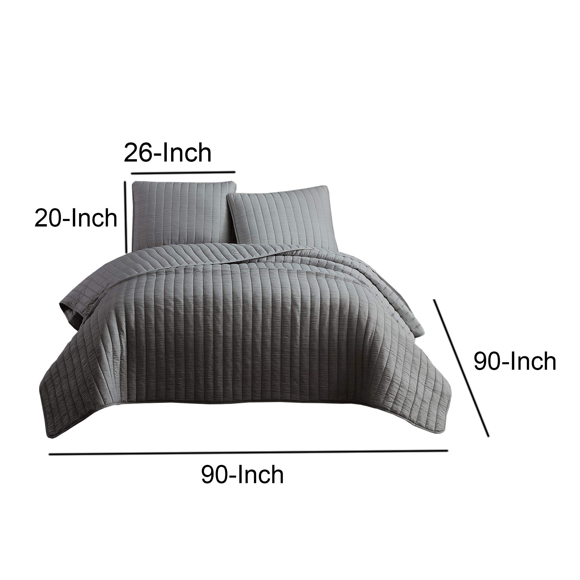 Benjara 3-Piece Queen Size Crinkle Bedspread Set with Vertical Stitching - Soft Gray Bed Cover for Master Bedroom & Guest Room Decor