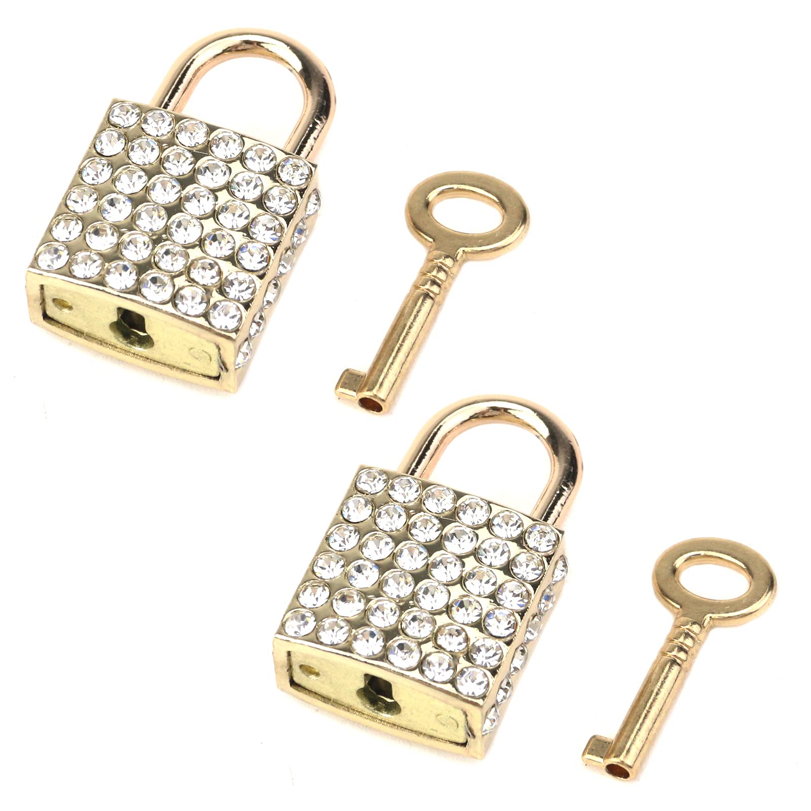 2 PCS Zinc Alloy Gold Small Square Decorative Padlock with Key - Bling Jewelry Lock for Luggage, Cabinet, Handbag, Jewelry Box - Perfect for Travel, Home Storage & Gift Giving