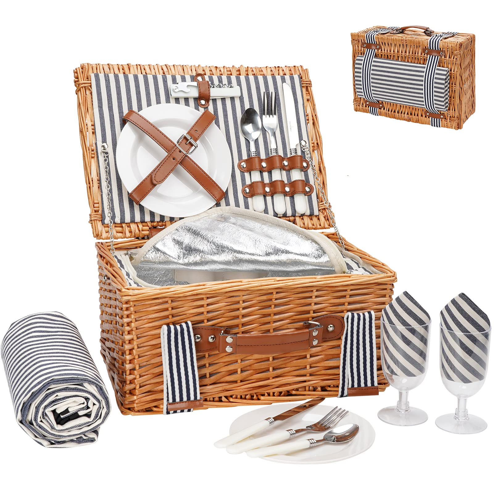 Handmade Willow Picnic Basket Set for 2 Persons - Insulated Cooler, Cutlery Kit & Blanket Included | Romantic Outdoor Gift for Couples, Valentine's Day, Birthday, Wedding | Perfect for Beach Picnics, Park Dates & Garden Parties