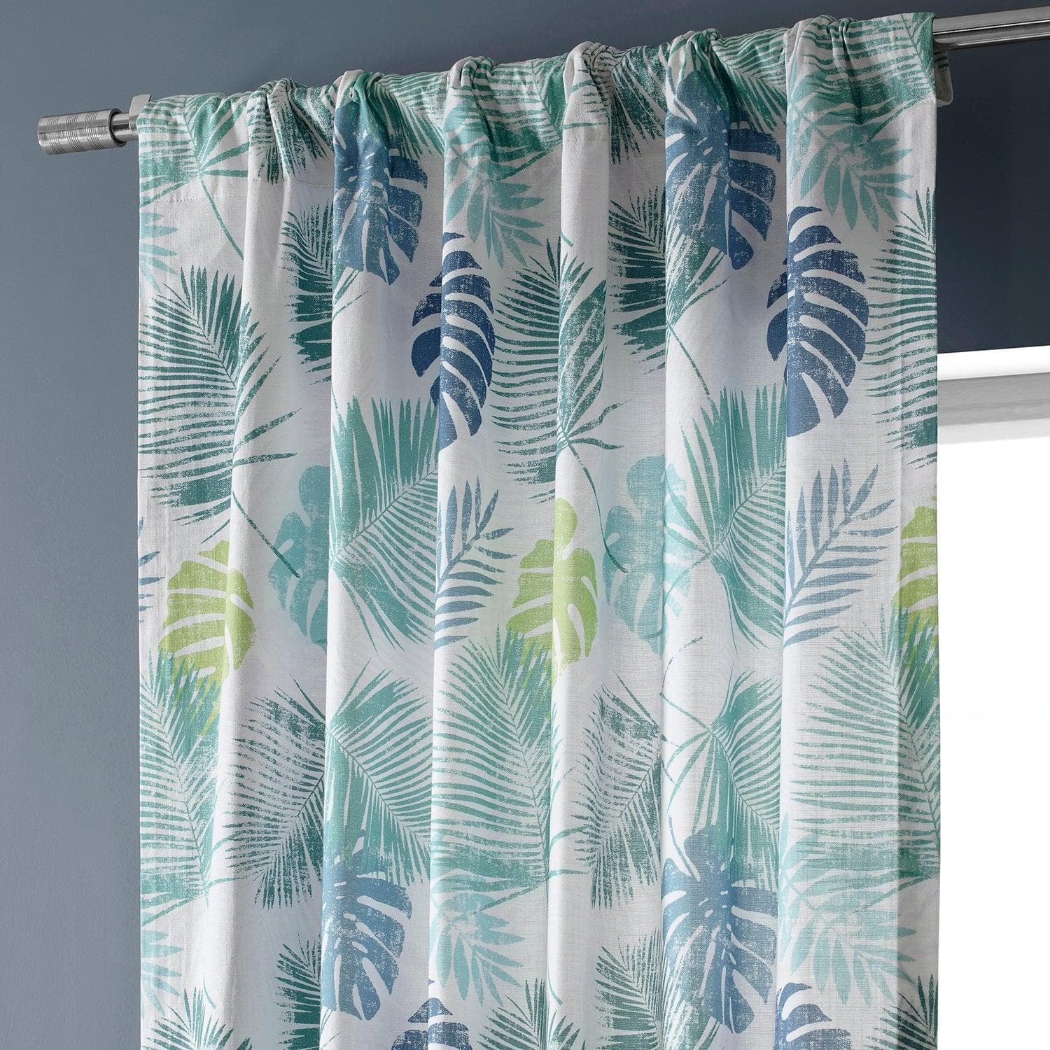 Light Blue Green Floral Printed Cotton Curtains for Living Room & Bedroom - Rainforest Inspired Textured Window Drapes