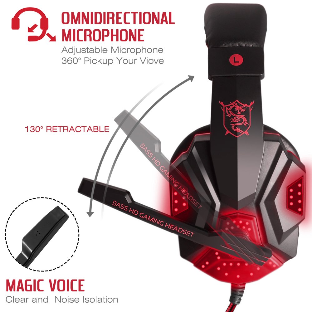 DLAND 3.5mm Wired Gaming Headset with Microphone & LED Lights for PC, Laptop, PS4, Xbox One - Noise Isolation, Volume Control (Black/Red) - Perfect for Gaming, Streaming & Online Meetings