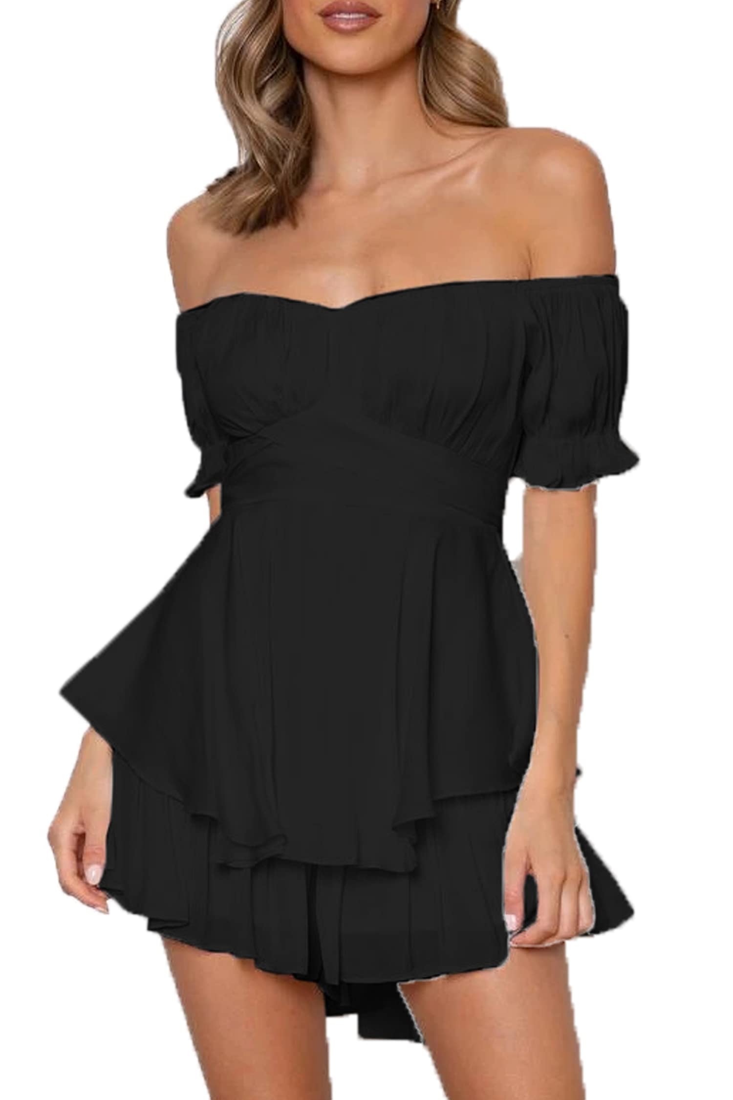 Sweetbei Women's Cowl Neck Sleeveless Ruffle Jumpsuit - Summer Casual Short Romper for Beach, Vacation & Outdoor Activities