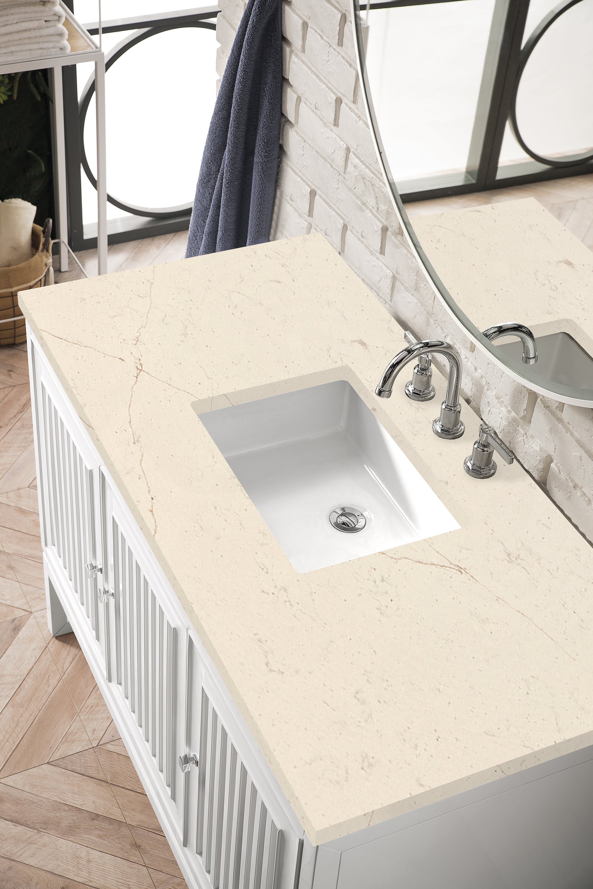 Athens 48 Inch Single Vanity Cabinet with 3CM Eternal Marfil Top - Glossy White Bathroom Sink Base for Modern & Traditional Home Decor