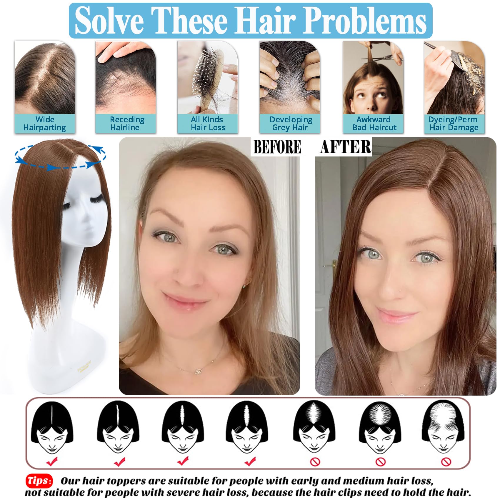Premium 14 Inch Human Hair Toppers for Women - 150% Density Remy Hair Extensions with Silk Base, No Bangs Clip-In Hair Pieces for Thinning Hair (#06) | Perfect for Daily Wear, Special Occasions & Hair Volume Enhancement
