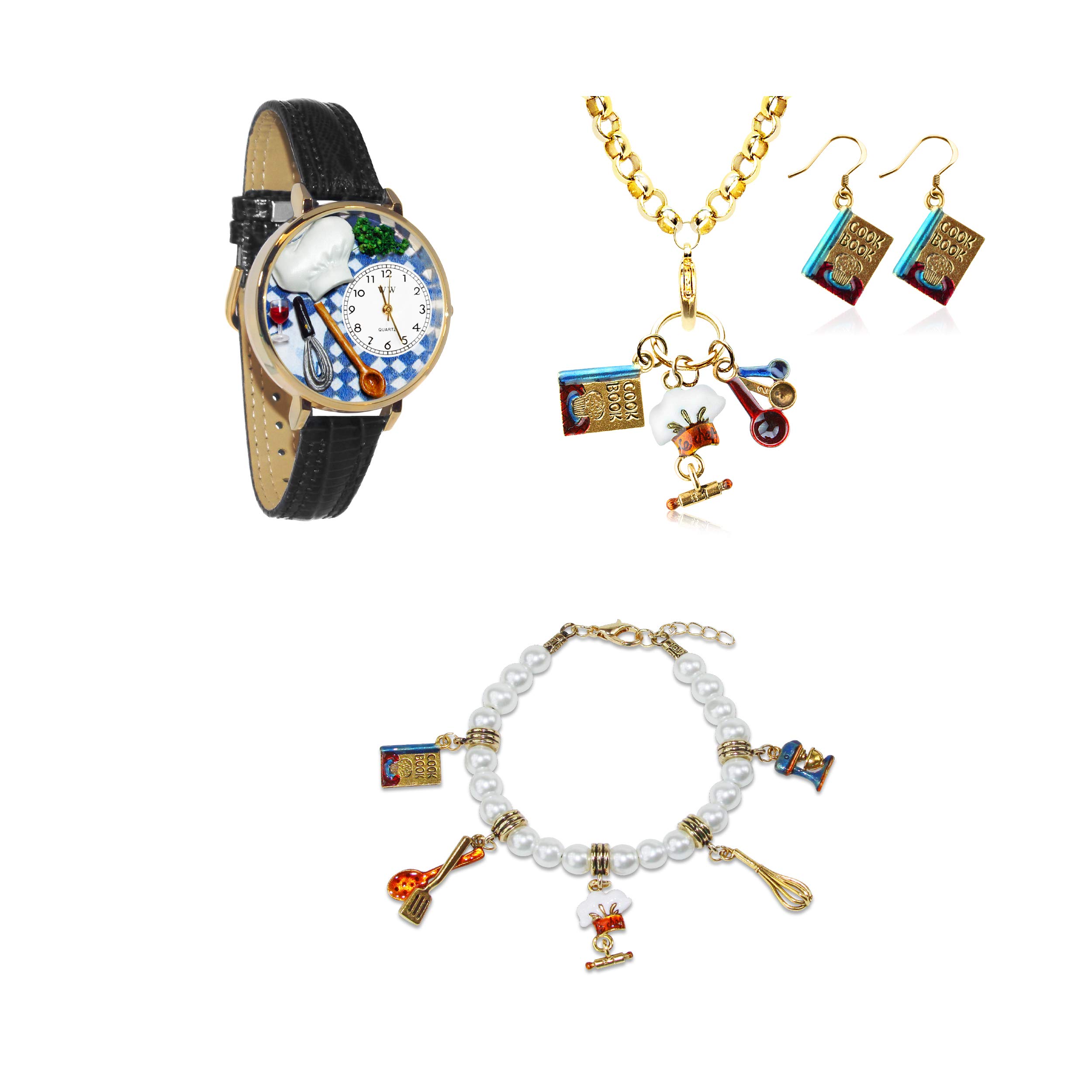 Whimsical Chef Watch & Jewelry Set - 4 Piece Gold Kitchen Accessories for Cooking Enthusiasts - Perfect Gift for Chefs, Bakers & Food Lovers