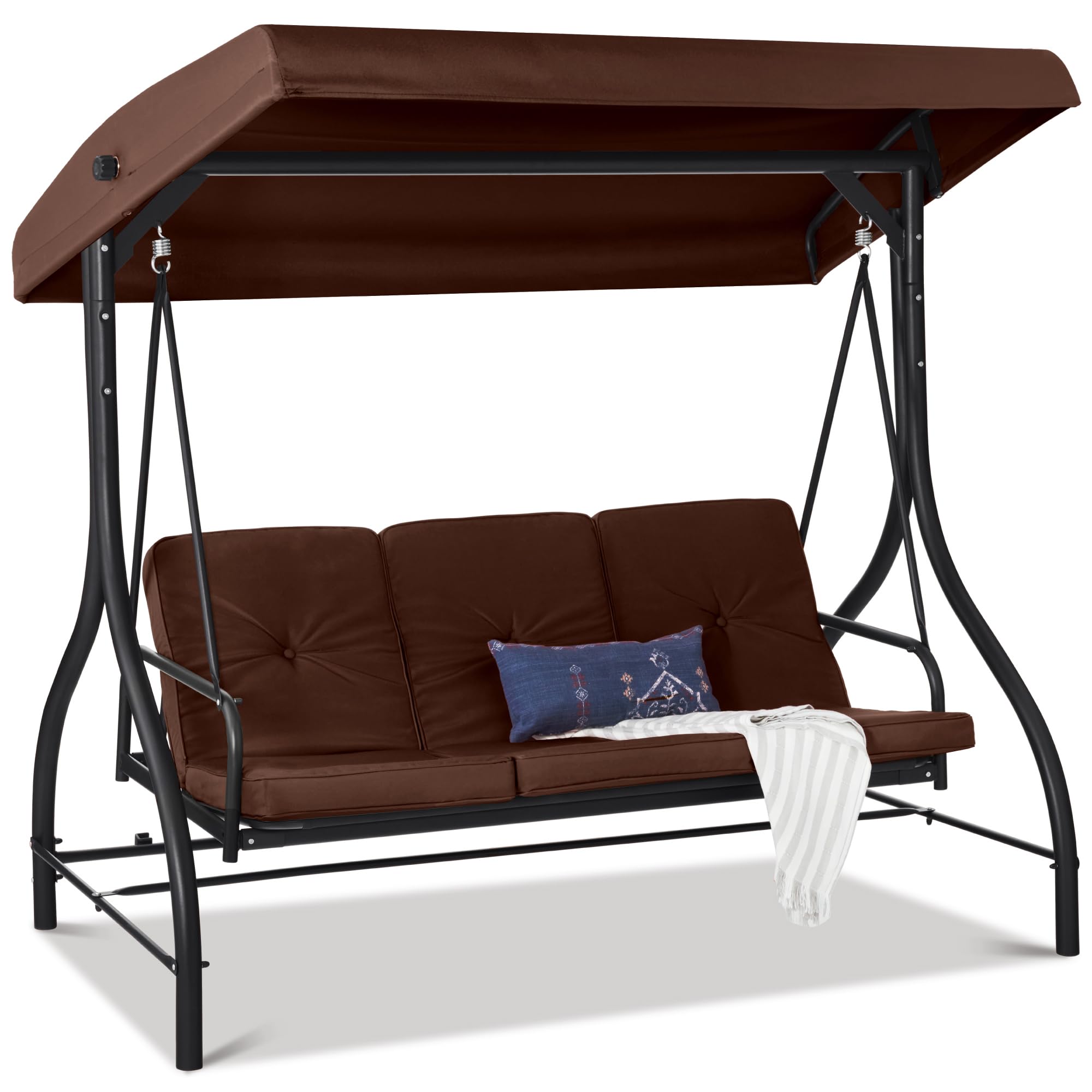 Best Choice Products 3-Seat Outdoor Patio Swing with Canopy - Convertible Glider Bench, Hammock Lounge Chair for Porch, Backyard, Garden w/ Adjustable Shade & Removable Cushions - Perfect for Relaxing, Reading & Outdoor Entertaining - Brown