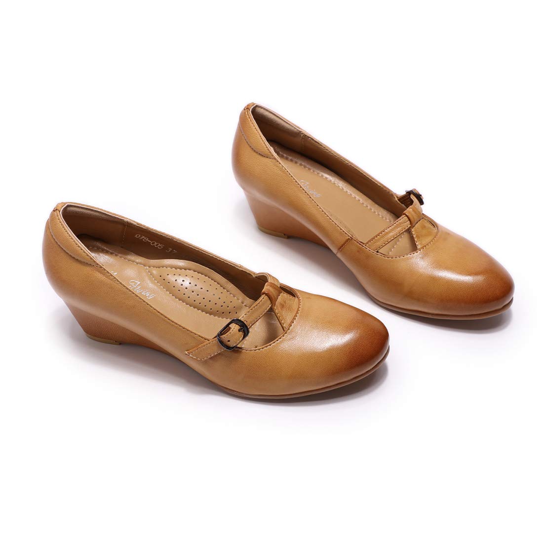 Women's Leather Mary Jane Wedge Pumps - Closed Toe Round Toe Mid Heel Dress Shoes for Ladies | Comfortable & Stylish for Work, Office, Wedding & Special Occasions
