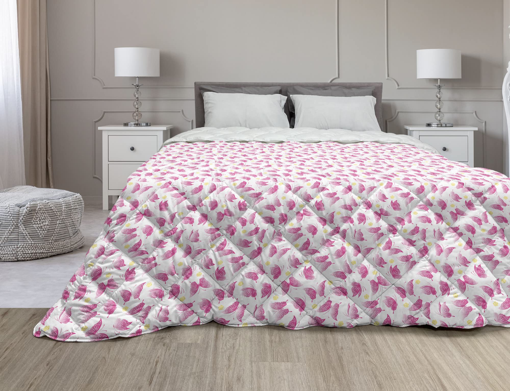 Ambesonne Butterfly Down Alternative Comforter - Japanese Spring Floral Design, Lightweight Microfiber Quilt for All Seasons, Twin XL Size in Magenta & Mustard - Perfect for Bedroom Decor, Guest Room, Dorm, and Cozy Home Comfort