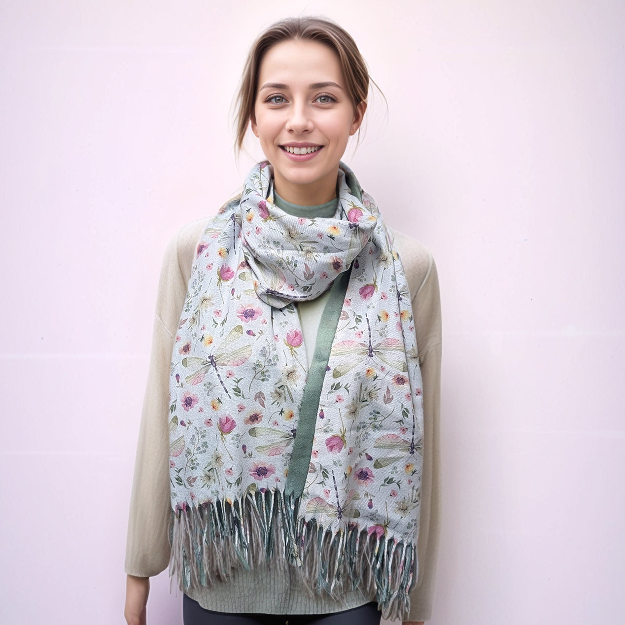 Exclusive Pastel Dragonfly Pashmina Scarf (70x180cm) - Lightweight Soft Shawl Wrap for Women, Perfect for Spring Outfits, Weddings & Special Occasions