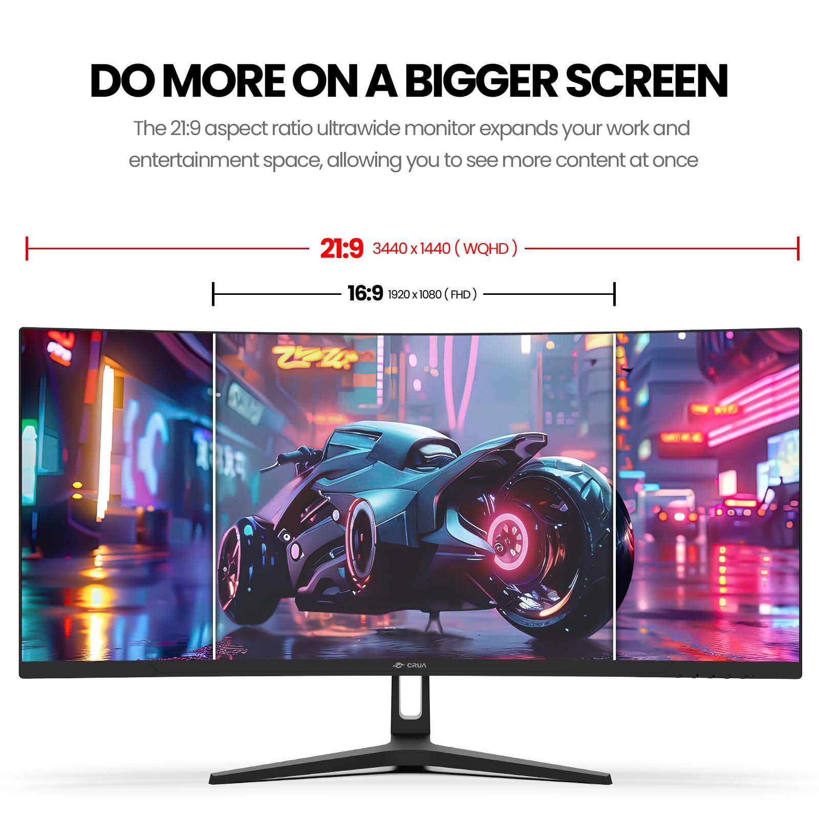 CRUA 34 Inch Ultrawide Curved Gaming Monitor - WQHD 3440x1440p, 144Hz/165Hz, 120% sRGB, AMD FreeSync, VESA Mountable (HDMI, DP) - Black | Perfect for Immersive PC Gaming, Home Office & Multimedia Entertainment