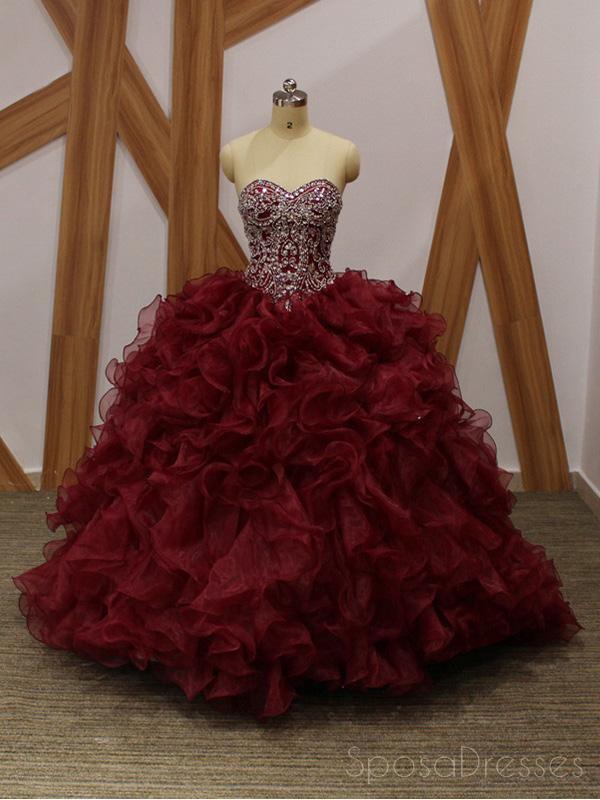 Elegant Maroon Ball Gown with Beaded Organza - Long Evening Prom Dress for Women | Sweet 16 Dresses | Perfect for Formal Events, Homecoming, Quinceañera & Special Occasions
