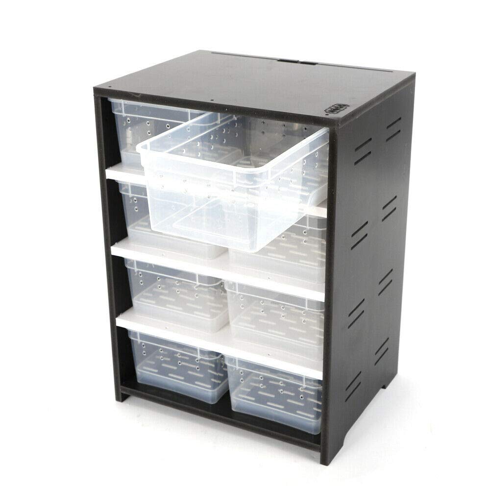 Premium Reptile Breeding Cabinet with Hygrometer - 8 Transparent Breeding Boxes for Insects, Spiders, Turtles & Lizards - Includes 13W Heating Pad & Drawer System (Black) | Ideal for Tarantula Habitats, Pet Lizard Enclosures & Small Animal Breeding