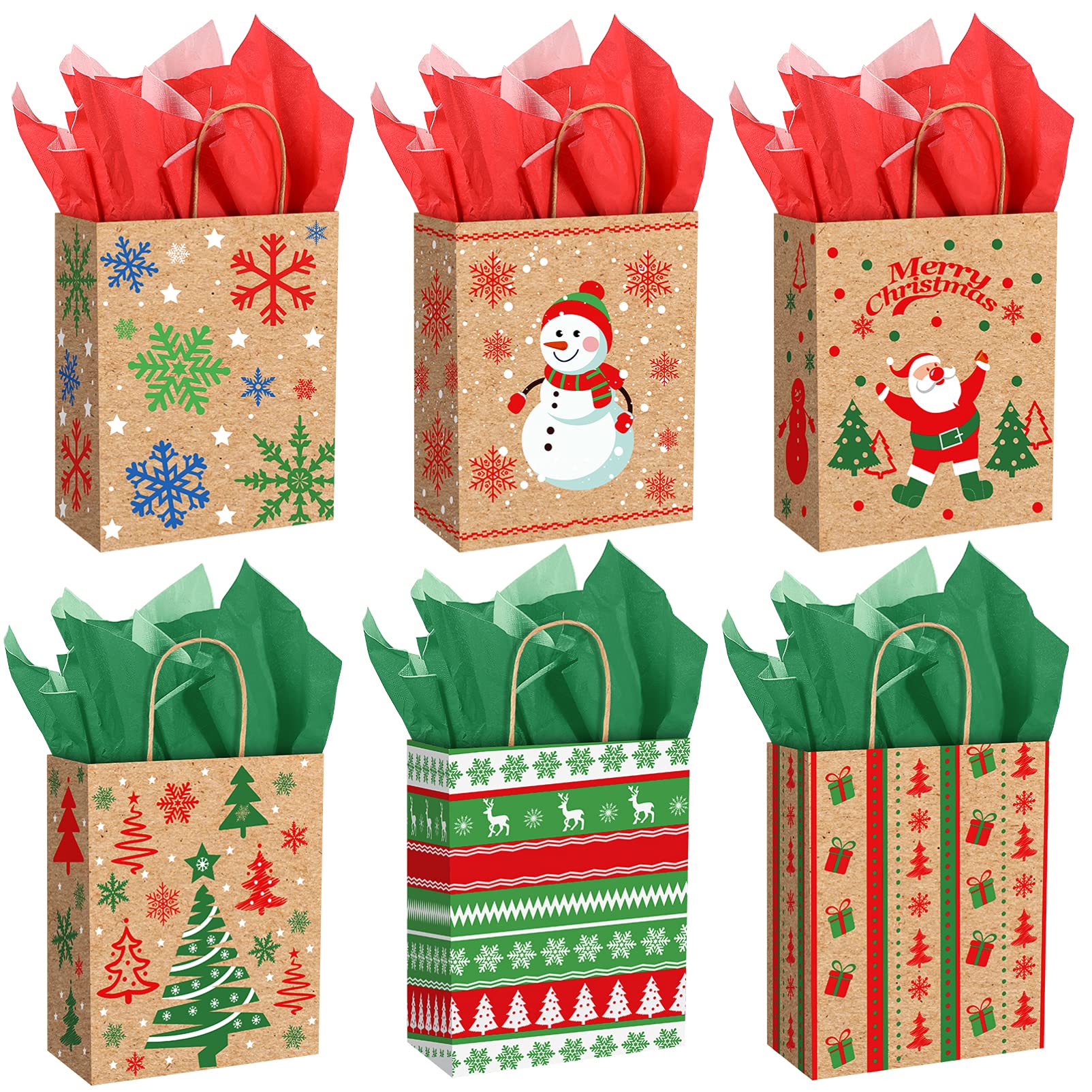 NUOBESTY 24PCS Christmas Gift Bags - Eco-Friendly Kraft Paper Bags with Paper Bundle for Holiday Treats, Xmas Party Favors & Goody Bags | Perfect for Christmas Gifting, Office Party Favors & Holiday Celebrations