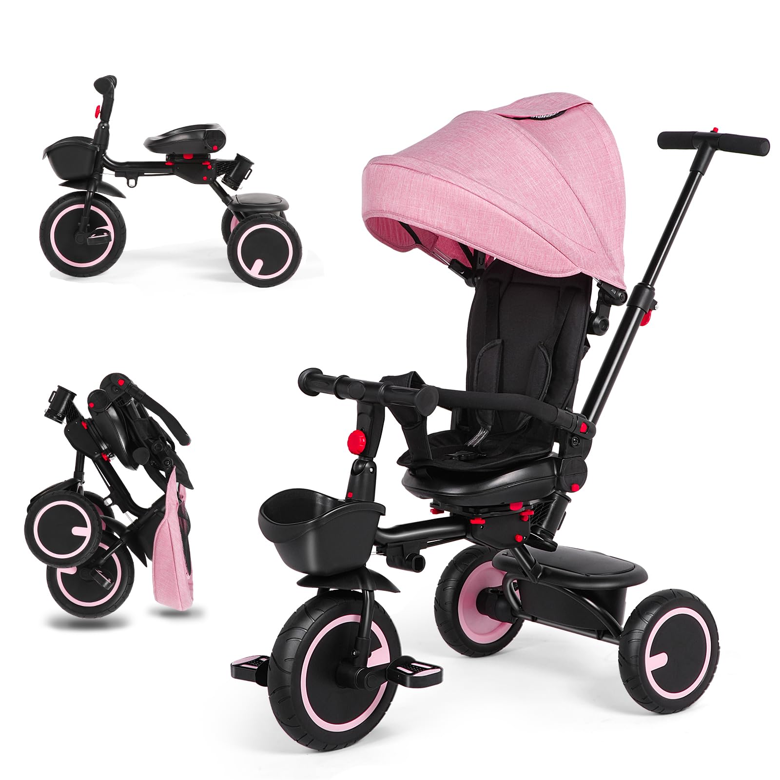 6-in-1 Foldable Baby Tricycle with Adjustable Canopy & Safety Harness - Convertible Toddler Bike for 7 Months to 5 Years Old Boys & Girls - Perfect for Outdoor Play, Park Rides & Learning Balance