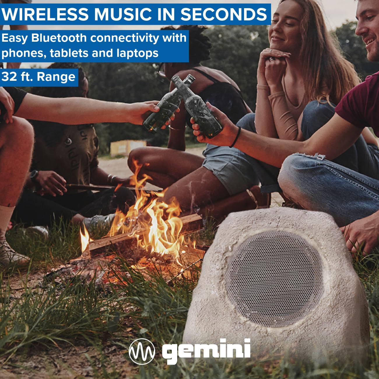 Gemini Sound GHRK-500LTMS-PR: 便携式太阳能蓝牙岩石音箱对，多链接功能，防水设计，无线连接，环境LED灯，适合户外聚会、露营和花园娱乐