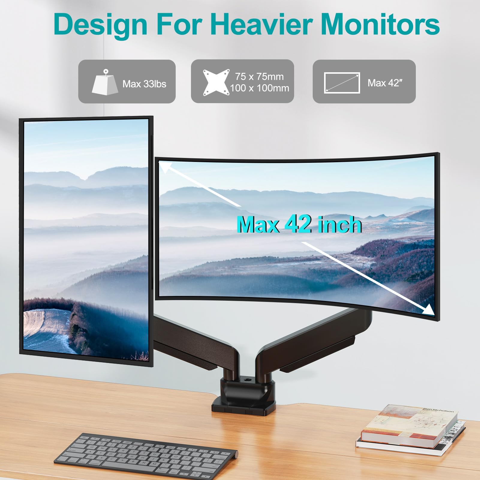 Dual Monitor Stand for 42 Inch Screens - Heavy Duty 2 Monitor Mount with 33lbs Capacity per Arm, VESA 75x75/100x100 - Perfect for Ultrawide Gaming & Office Workstations