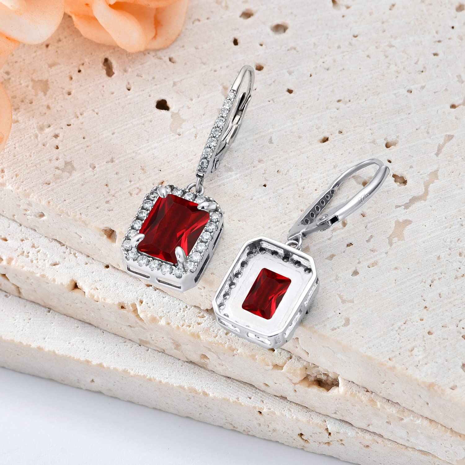 S925 Sterling Silver Birthstone Dangle Earrings - 18K White Gold Plated 9x7mm Created Emerald Leverback Earrings for Women, Ladies & Mom | Perfect Gift for Birthday, Anniversary & Special Occasions