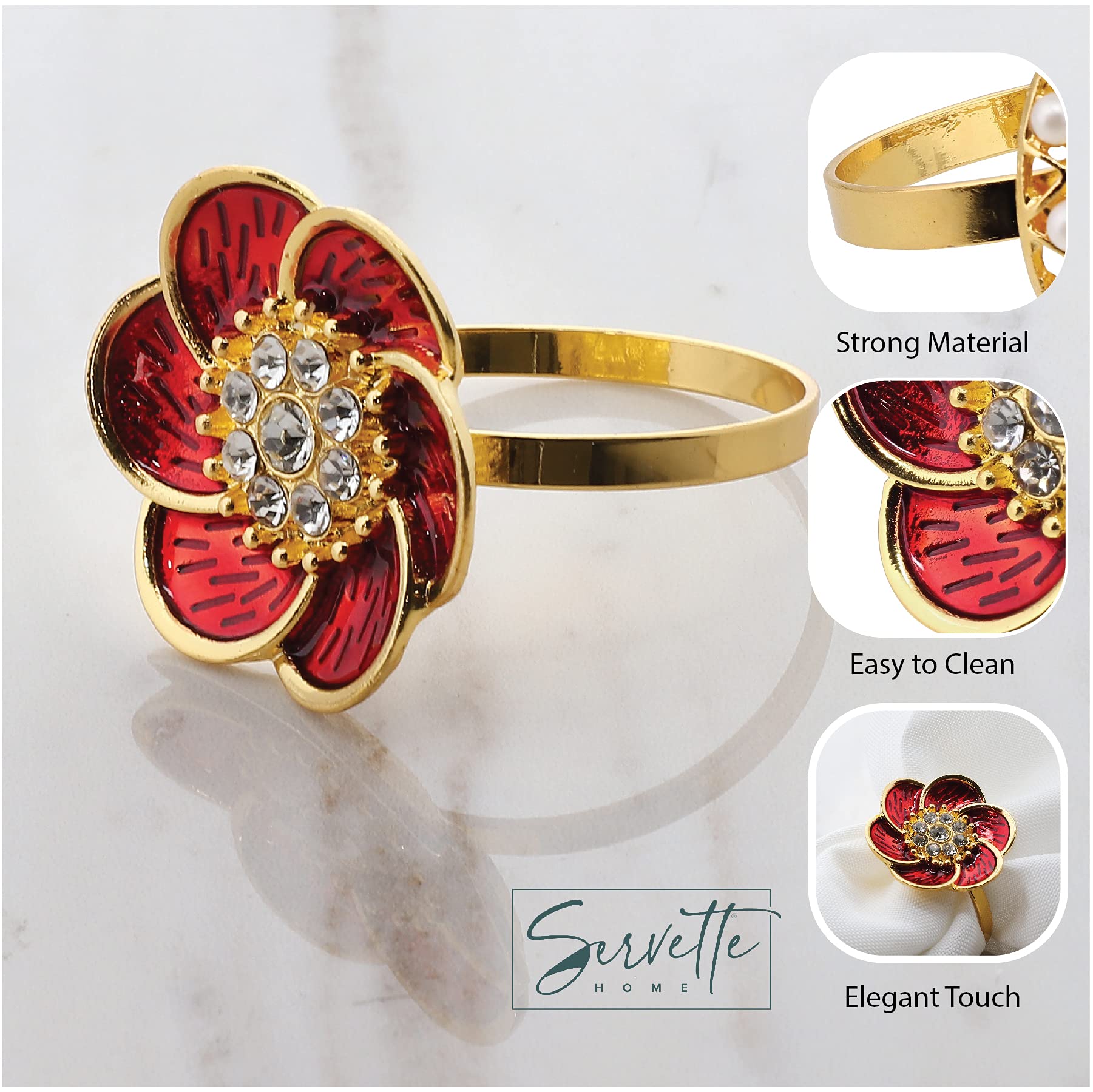 Elegant Red Floral Christmas Napkin Rings Set of 2 - Holiday Table Decor for Festive Dinner Parties & Christmas Celebrations