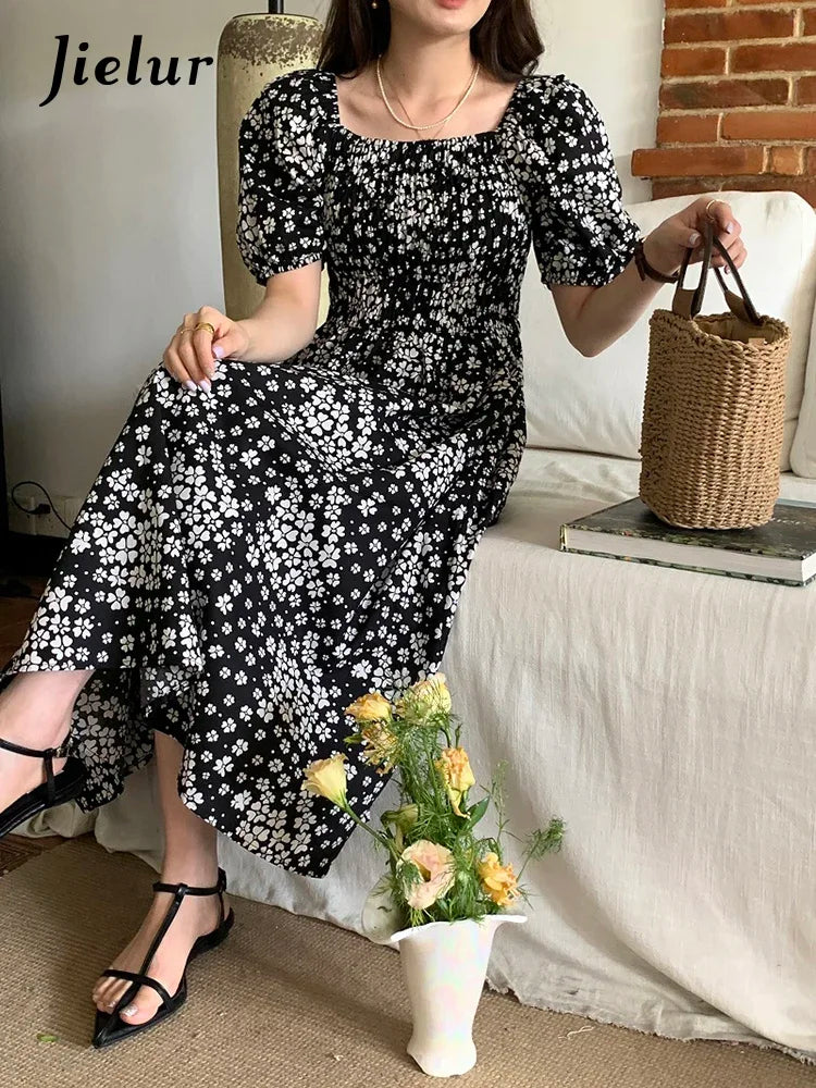 Elegant Black Printed Slim Waist Women's Dress - French Style Square Neck Puff Sleeve Summer Casual Office Dress for Women | Perfect for Work, Date Nights & Special Occasions