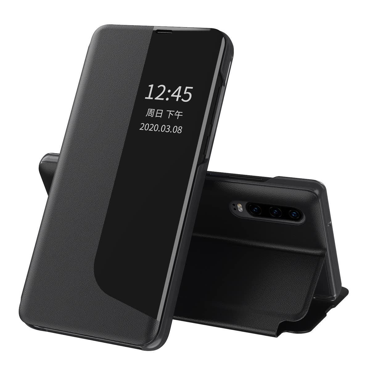 Premium PU Leather Flip Phone Case for Huawei P30 Pro - Shockproof Protective Cover with Side Display, Stand Function & Auto Sleep/Wake (Black) | Perfect for Work, Travel & Everyday Protection