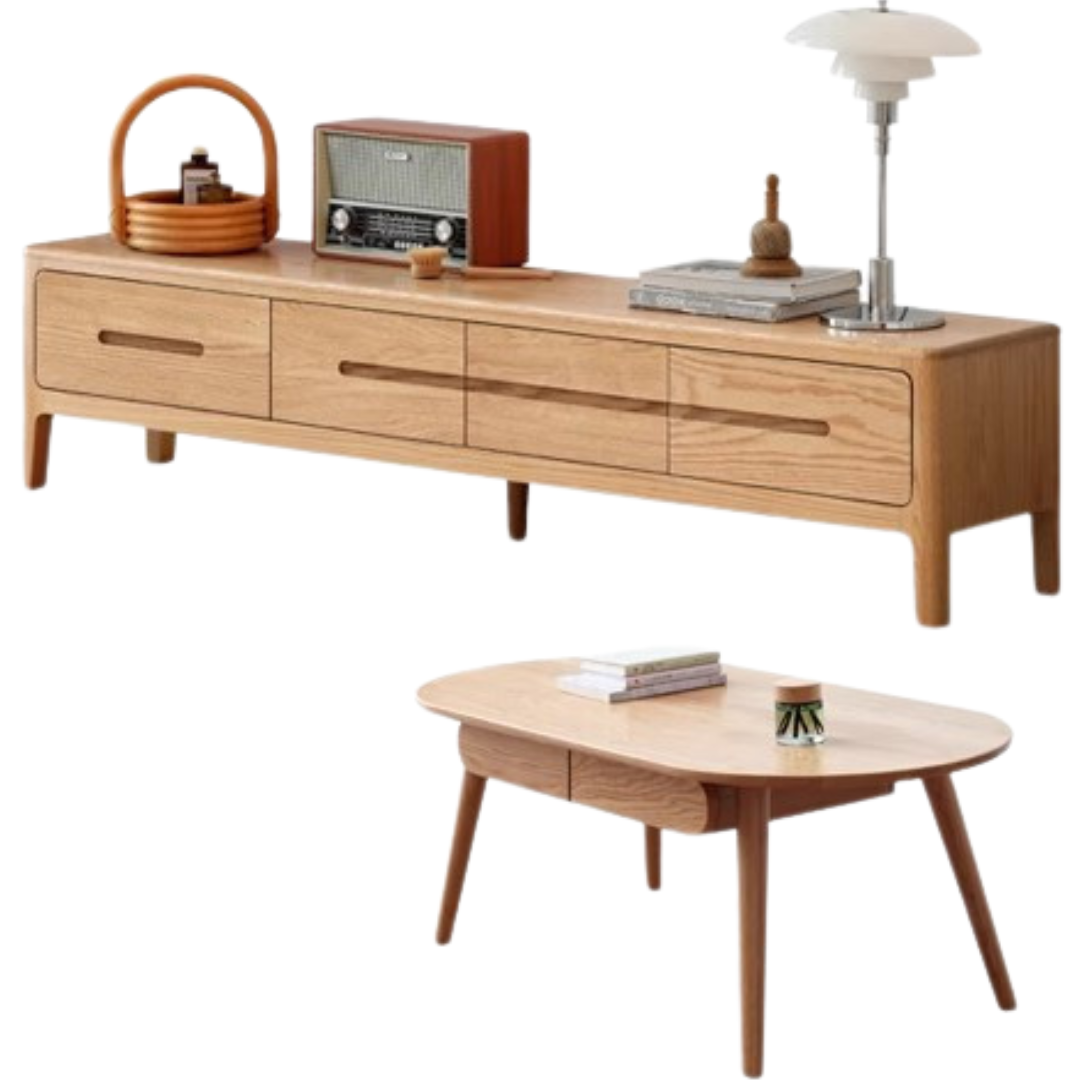86.6x13.8x15.4 inch/ 220.4x35.2x39.5сm/ Natural Wood color/ TV cabinet with four drawers + table with drawers