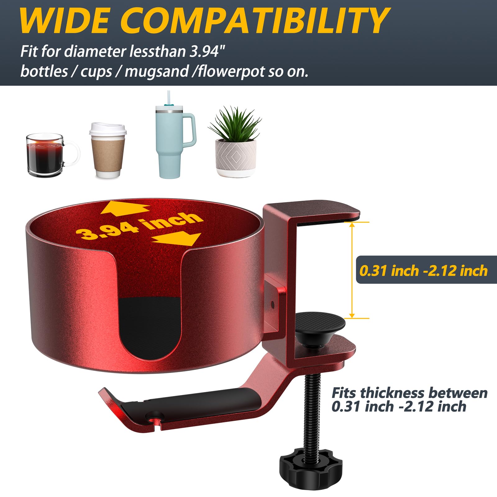 360° Rotating Under Desk Cup Holder & Headphone Hanger - Metal Clamp-on Organizer for Coffee Mugs, Water Bottles, Headsets & Pencils - Anti-Spill Gaming Desk Accessory (Red) - Perfect for Home Office, Gaming Setup & Workspace Organization