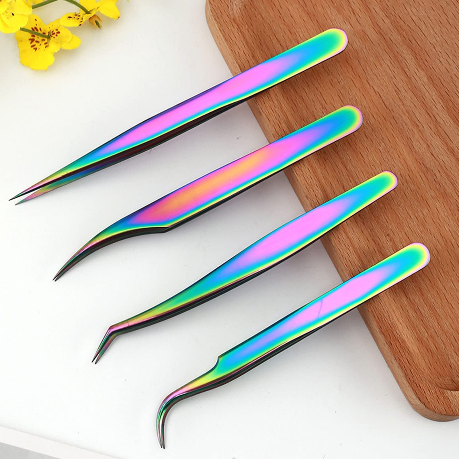 4Pcs False Eyelash Tweezers Set - Premium Stainless Steel Eyelash Extension Tools for Professional Lash Application (Ti Gold) - Perfect for Salon, Home Use & DIY Beauty