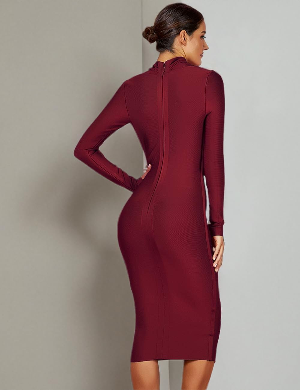 Whoinshop Women's Deep V-Neck Long Sleeve Cocktail Dress - Knee Length Party Gown for Night Out, Club, Evening Events & Special Occasions