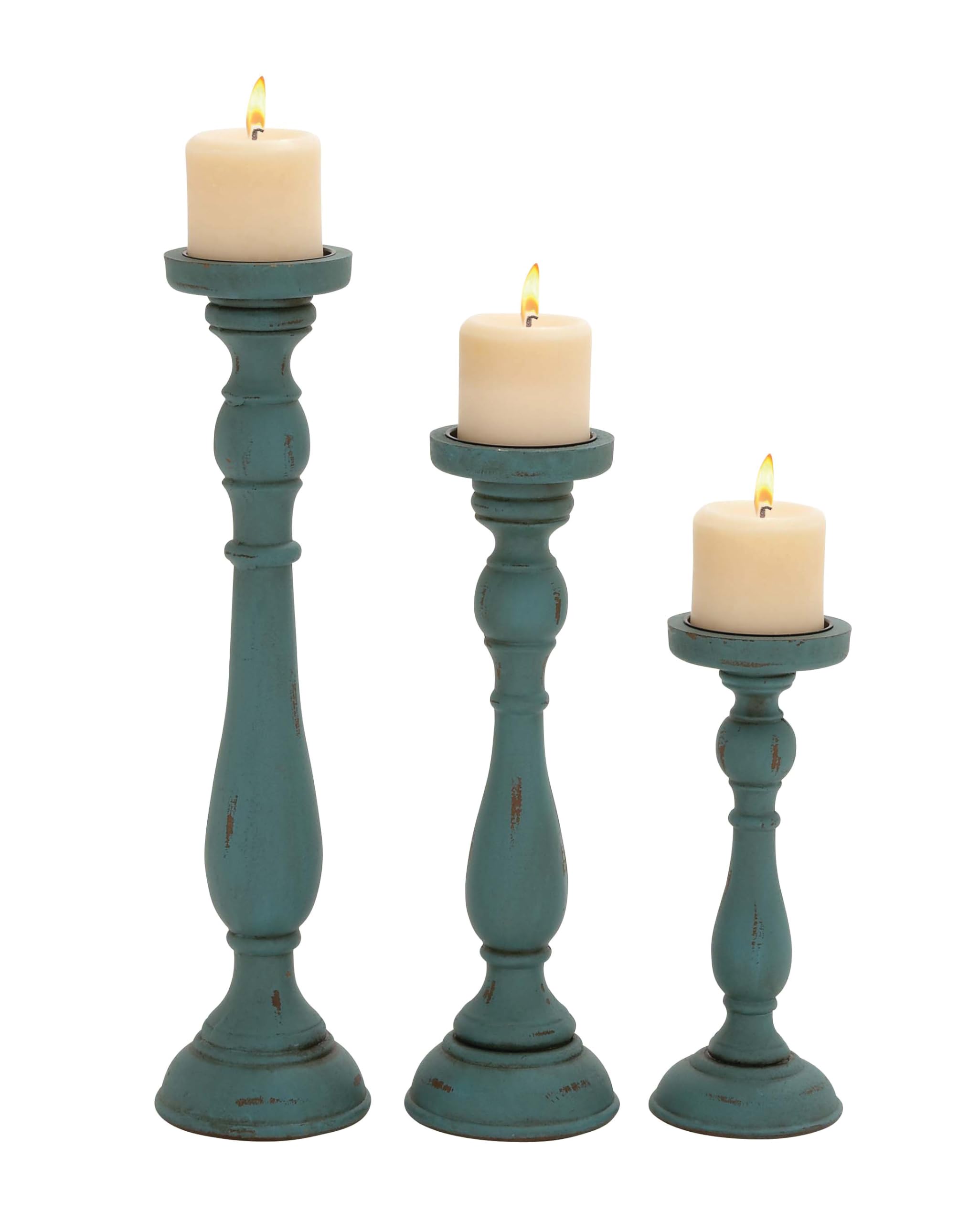 Deco 79 Distressed Wooden Candle Holder Set of 3 - Teal Turned Candlestick Stands 19