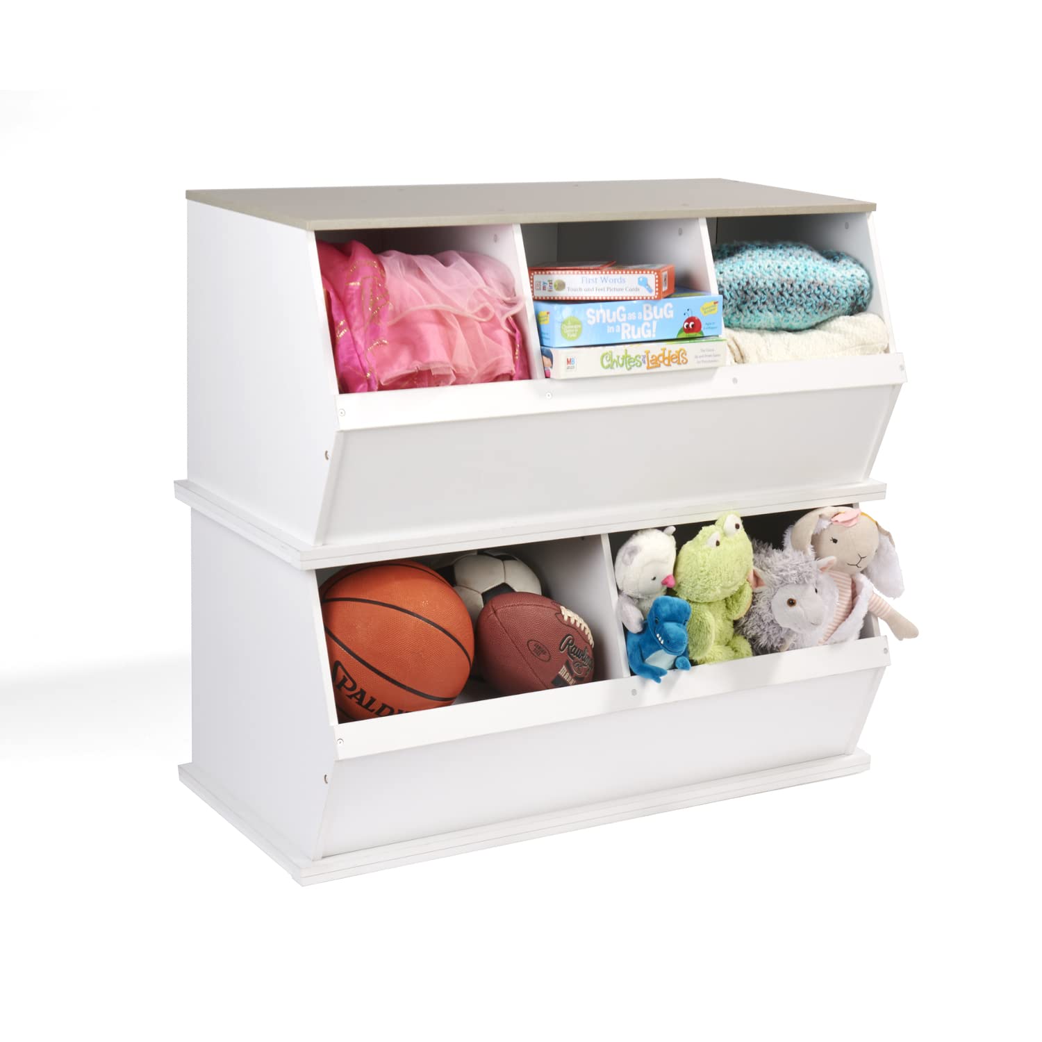 Badger Basket Two Bin Stackable Toy Storage Organizer - White/Gray Woodgrain for Kids Room, Nursery & Playroom Organization